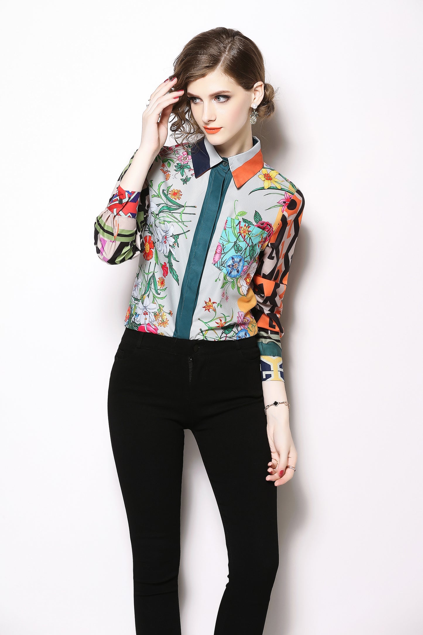 ESY-Women's Shirt Print Long Sleeve Button Blouse
