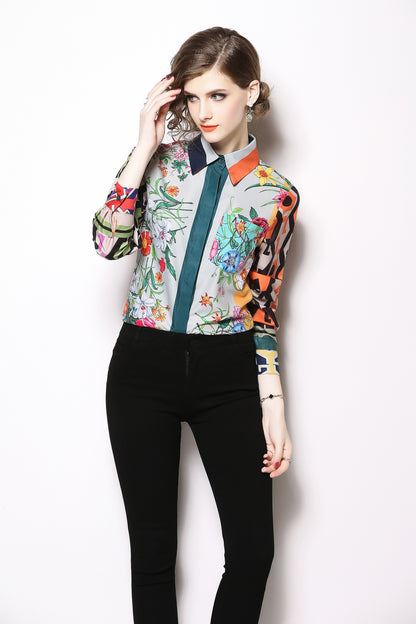 ESY-Women's Shirt Print Long Sleeve Button Blouse