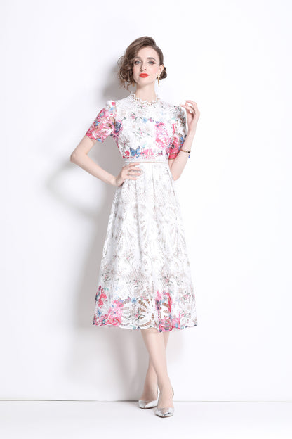 Women's Lace Floral Short Sleeve Crochet Waist Cocktail Midi Dress