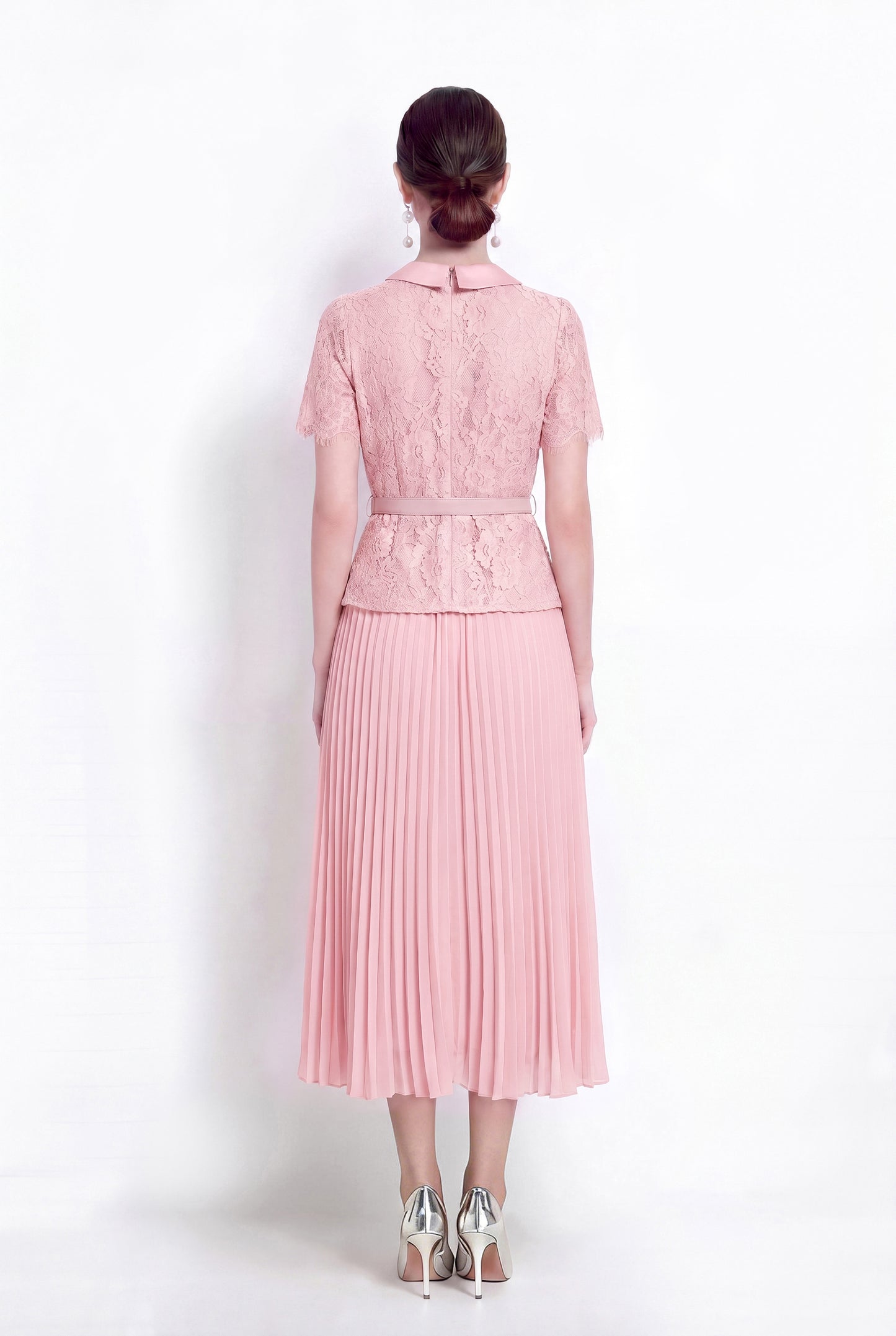 Lace Pleated Midi Dress | Elegant Fake Two-Piece Collared Dress