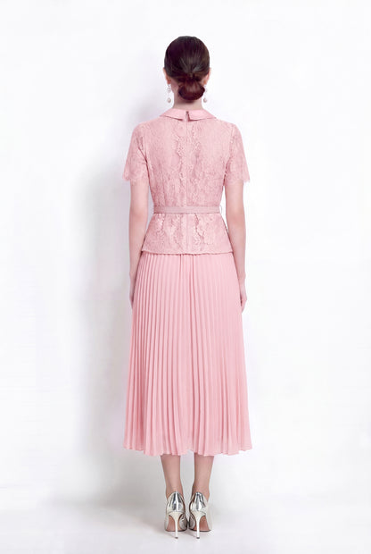 Lace Pleated Midi Dress | Elegant Fake Two-Piece Collared Dress