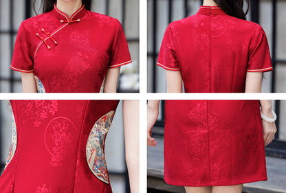 Red Jacquard Cheongsam Dress Embroidered Short Sleeve Mini Dress