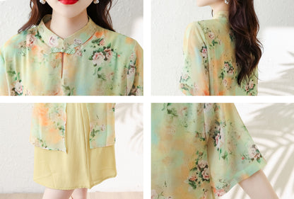 Yellow Floral Cheongsam Fake Two Pieces Dress