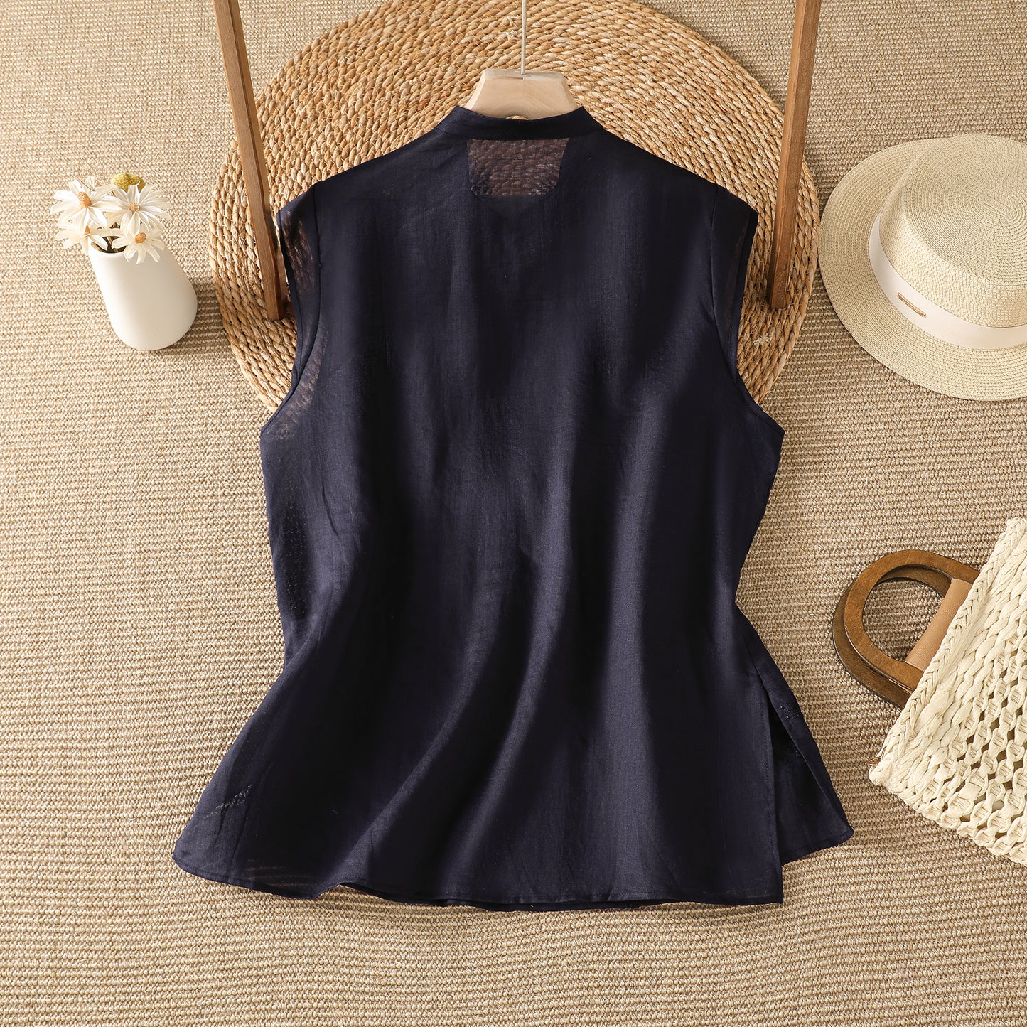 Embroidered Asymmetrical Cotton-Linen Blouse | Lightweight Summer Mandarin Collar Top