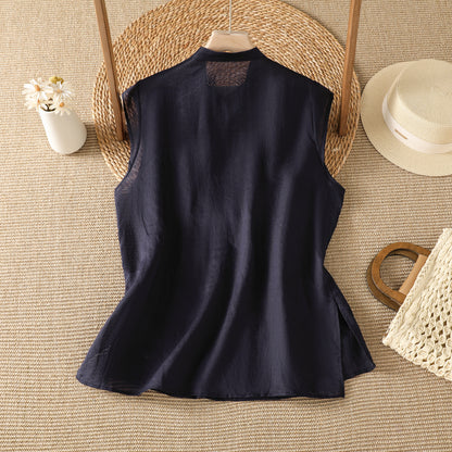 Embroidered Asymmetrical Cotton-Linen Blouse | Lightweight Summer Mandarin Collar Top