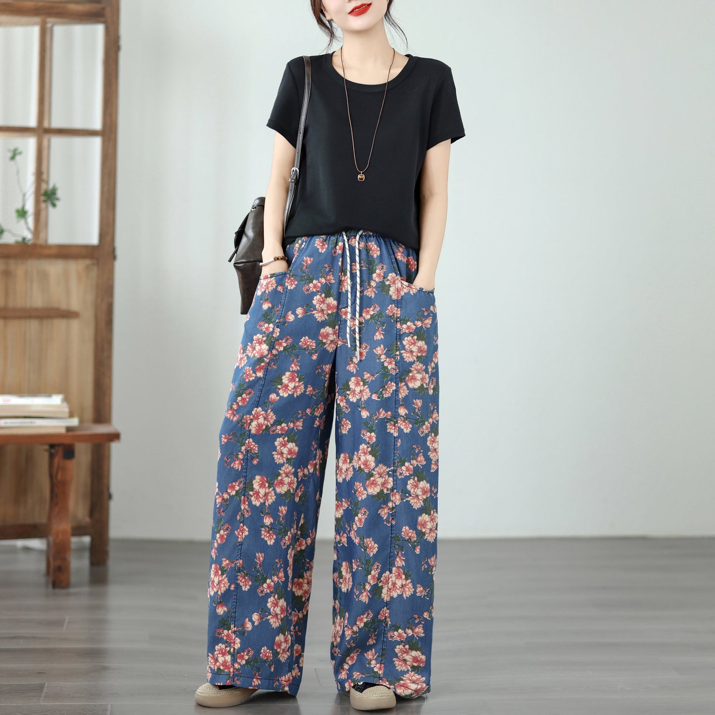 Women's Wide Leg Jeans Lightweight Wasited Elastic Print Y2K Pants - LAI MENG FIVE CATS