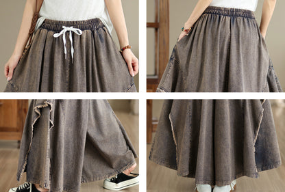 Women Loose Denim Skirt Pants Baggy Elastic Waist Casual Wide Leg Jeans