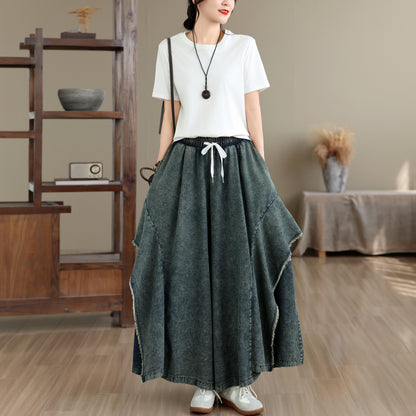 Women Loose Denim Skirt Pants Baggy Elastic Waist Casual Wide Leg Jeans