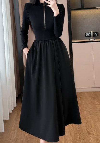 28665-Black Zip-Front Midi Dress – Stretch Knit Layered Look