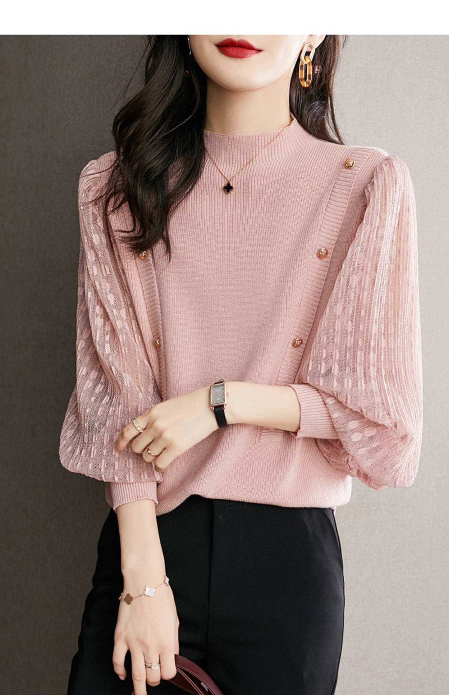 Soft Mock Neck Puff Sleeve Knit Top | Pink & Sage Green