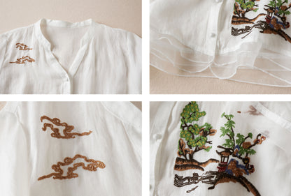 White Linen Embroidery Print Tunic Blouse
