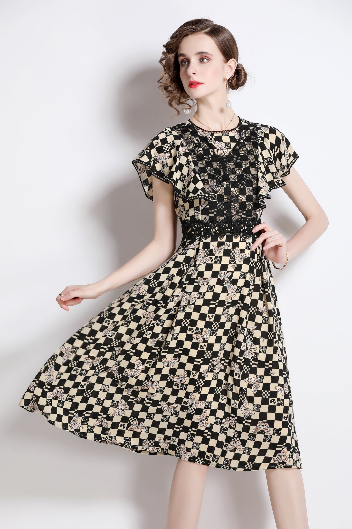 SSY-Women's Boho Floral Ruffle Chiffon Lace Midi Dress