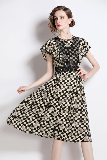 SSY-Women's Boho Floral Ruffle Chiffon Lace Midi Dress