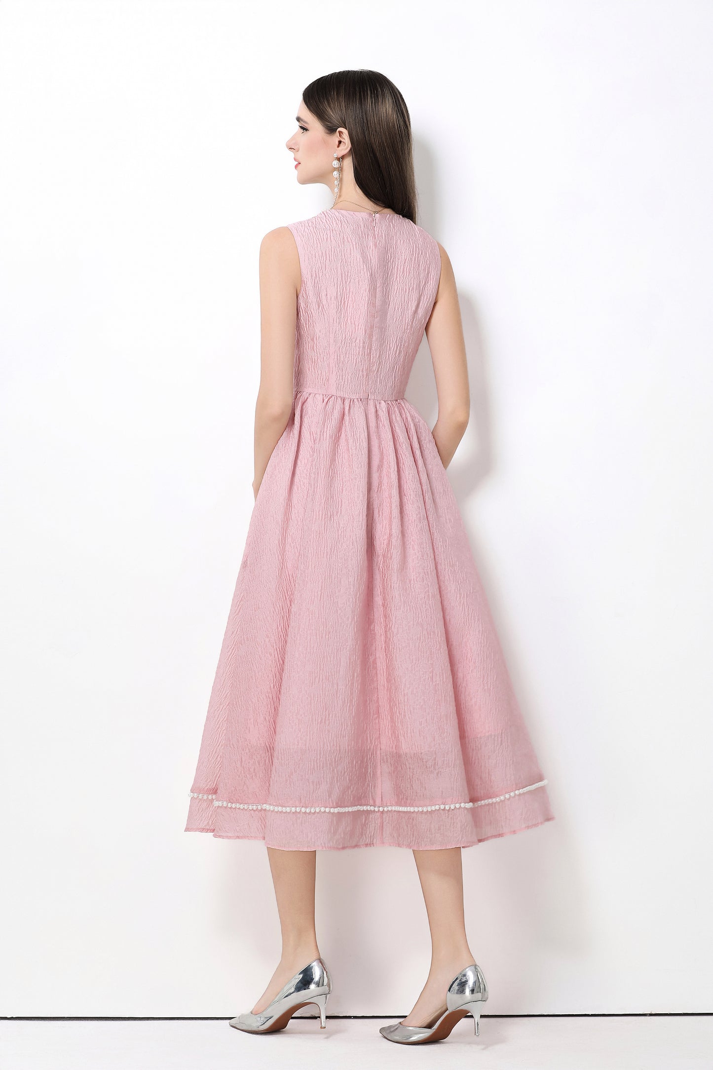 Elegant Pearl Trim A-Line Midi Dress - LAI MENG FIVE CATS