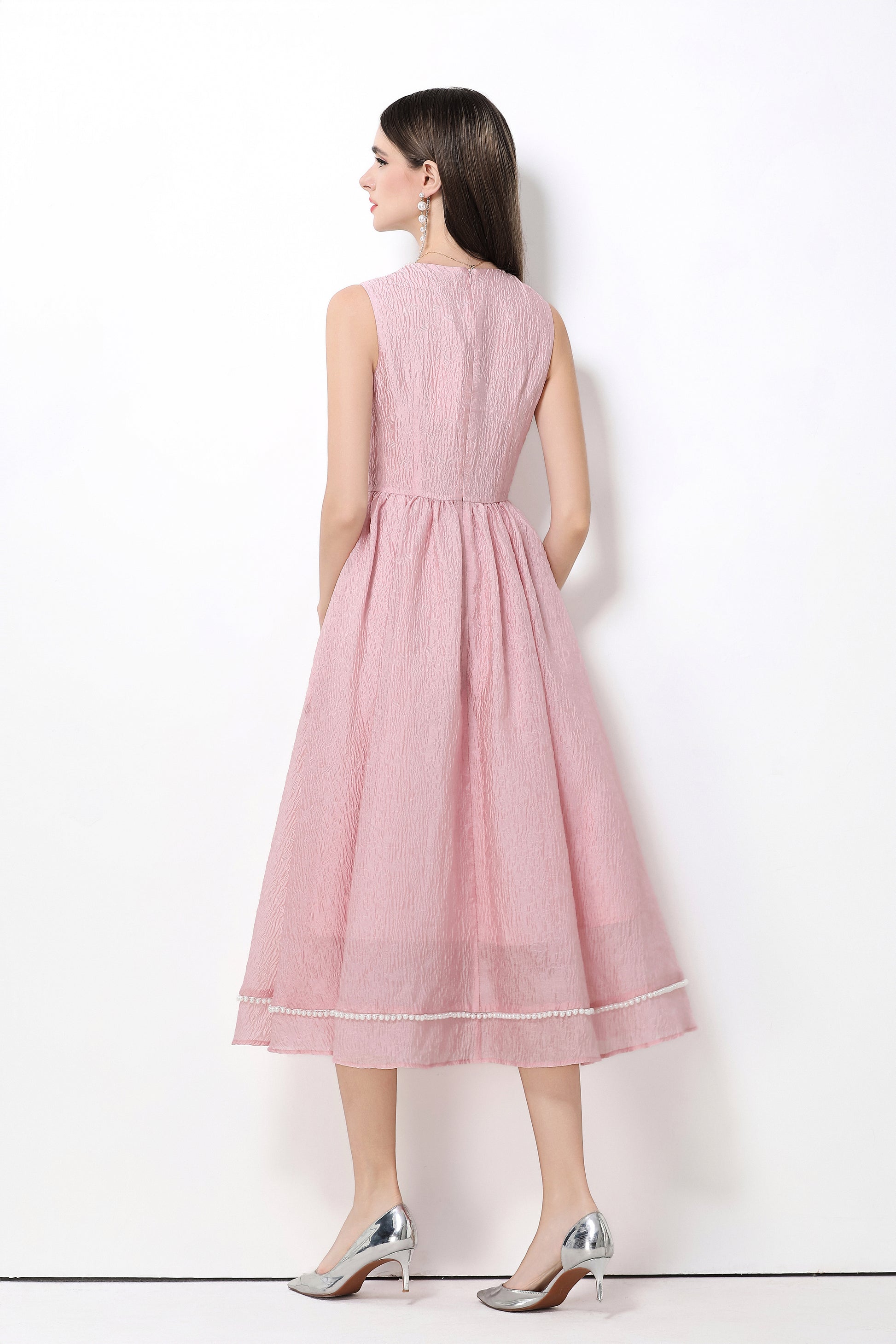 Elegant Pearl Trim A-Line Midi Dress - LAI MENG FIVE CATS