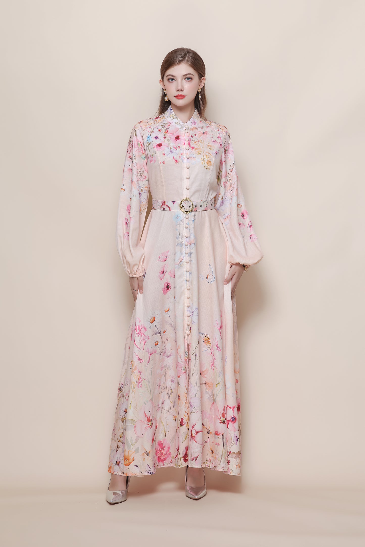 26-Women's Floral Print Puff Sleeve Button Maxi Dress - LAI MENG FIVE CATS