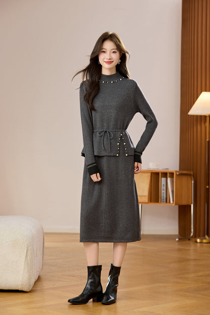 Women's Mock Neck Wool Sweater Drawstring Waist Dress