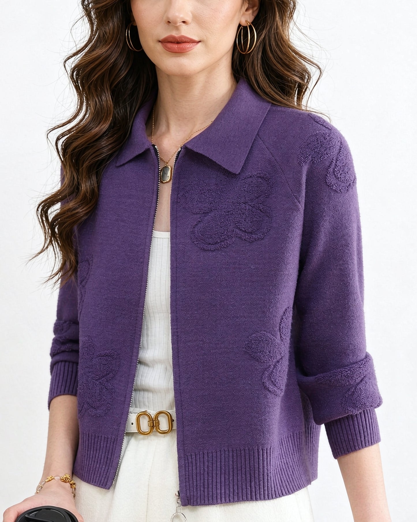 Textured Knit Zip-Up Cardigan Polo Collar Cropped Outerwear