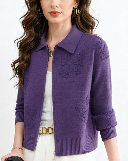 Textured Knit Zip-Up Cardigan Polo Collar Cropped Outerwear