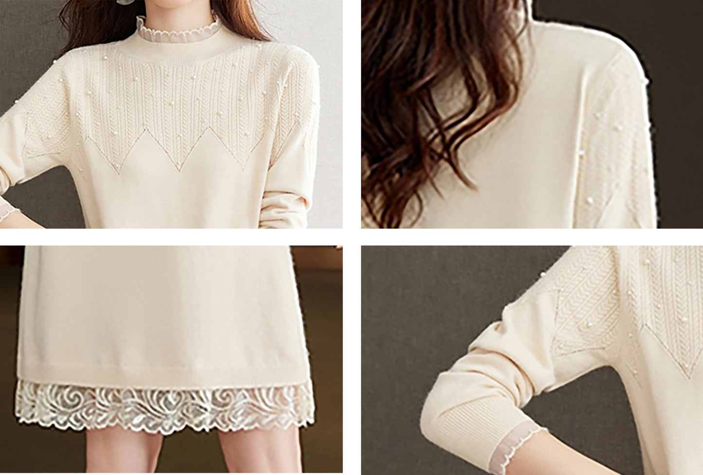 Lace Patchwork Shiny Beads Mini Sweater Dress