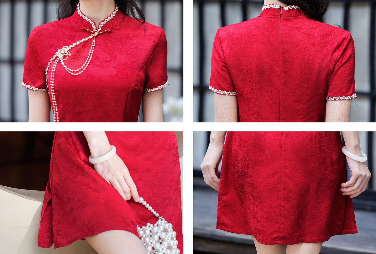 Red Jacquard Cheongsam Dress Short Sleeve Qipao with Pearl Tassel