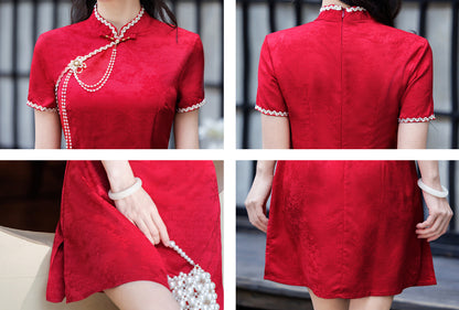 Red Jacquard Cheongsam Dress Short Sleeve Qipao with Pearl Tassel