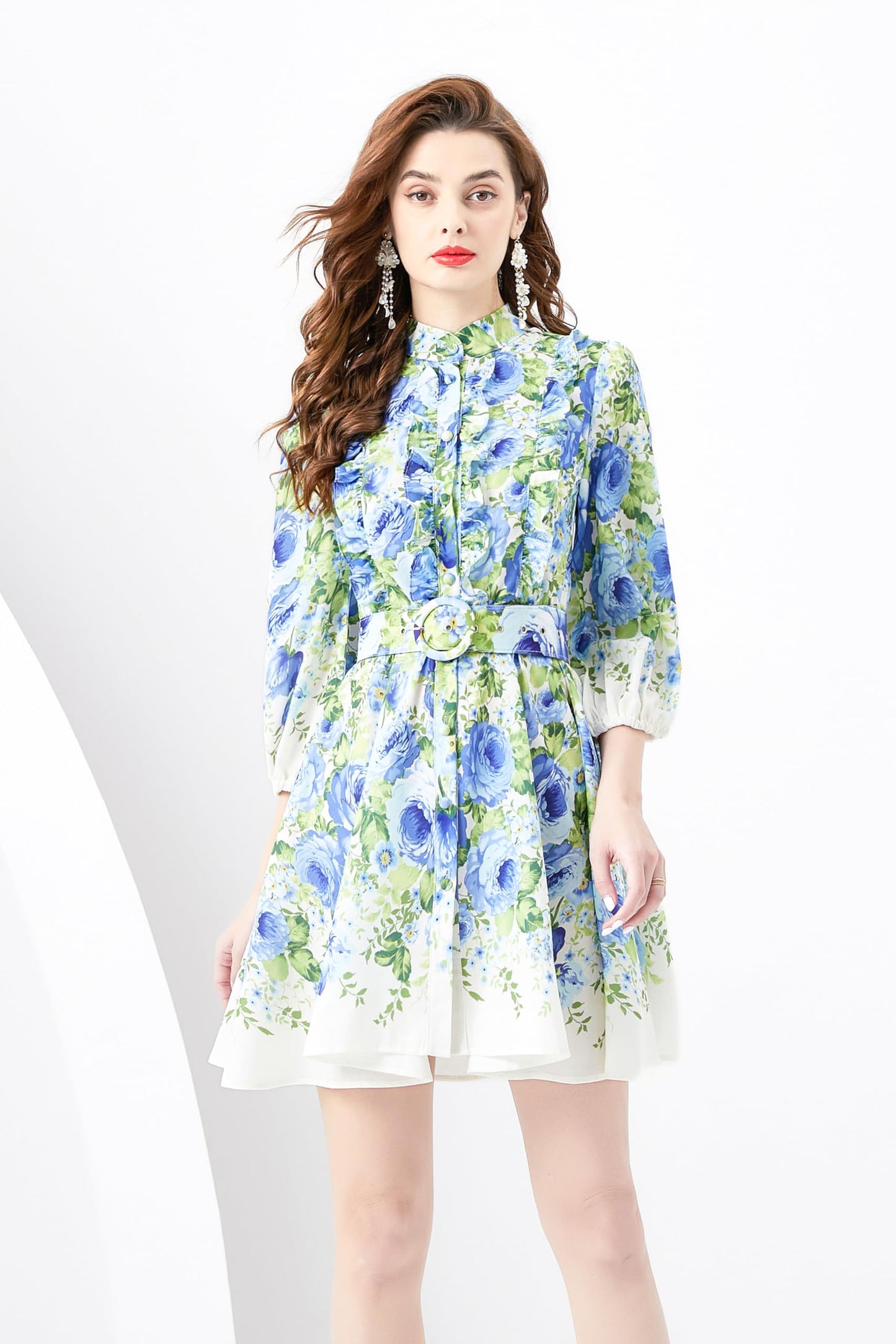 Women's Button up Floral Print Long Sleeve Casual  A-line Mini Dress