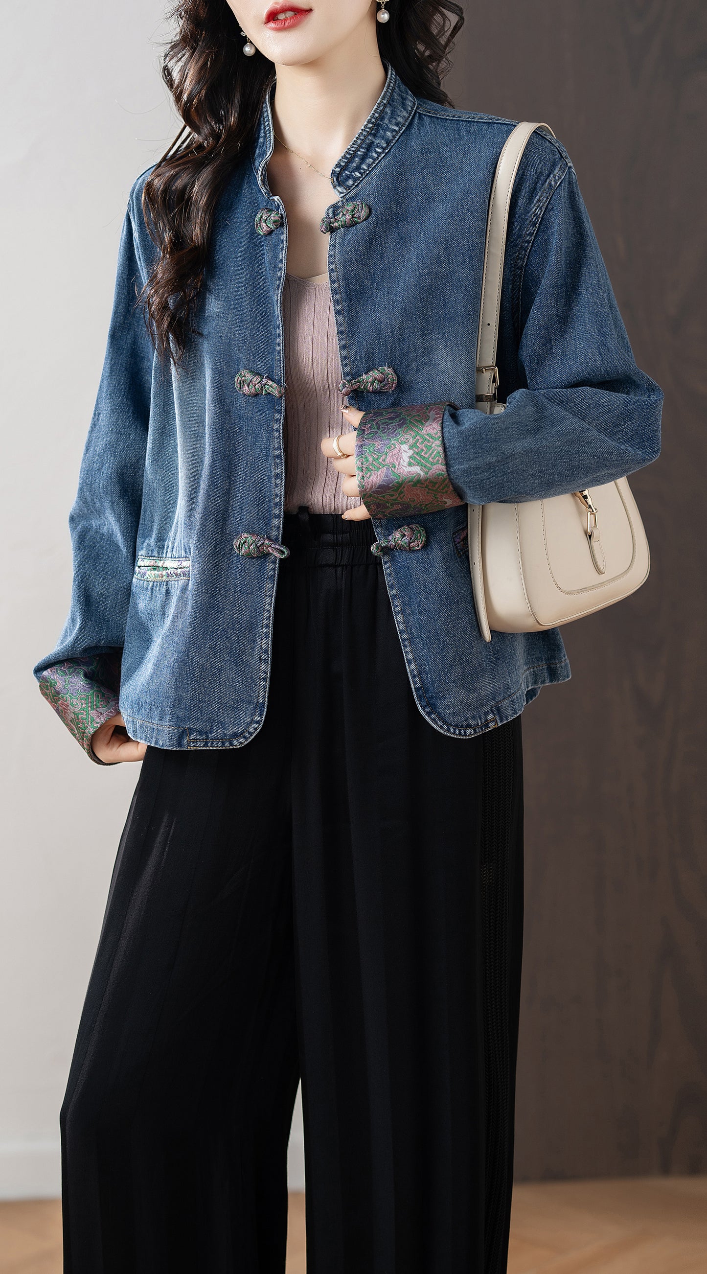 Womens Long Sleeve Print Denim Jacket with Pocket