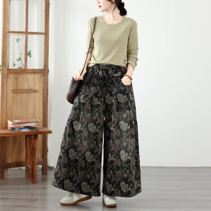 Boho Dark Floral Wide-Leg Jeans Elastic Waist Denim Pants