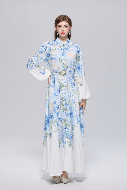26-Women Floral Print Button Flowy Maxi Belt Dress
