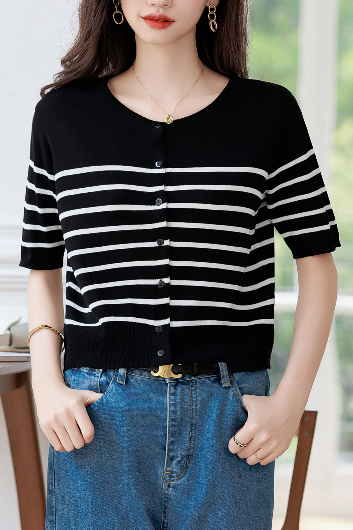Women's Stripes Short Sleeve Knit Cardigan Tops