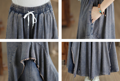 Women Loose Denim Skirt Pants Baggy Elastic Waist Casual Wide Leg Jeans