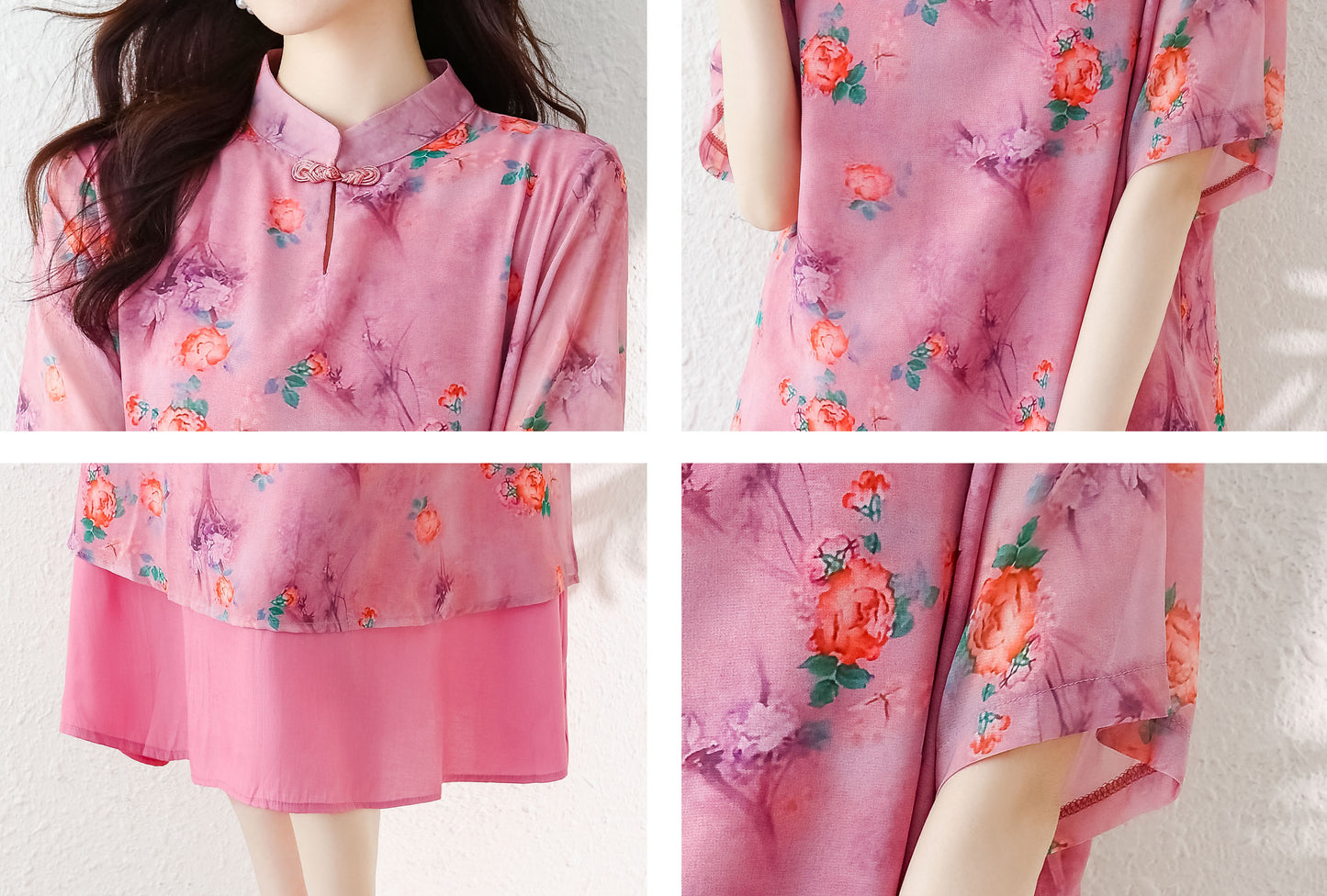 Pink Floral Cheongsam Fake Two Pieces Dress