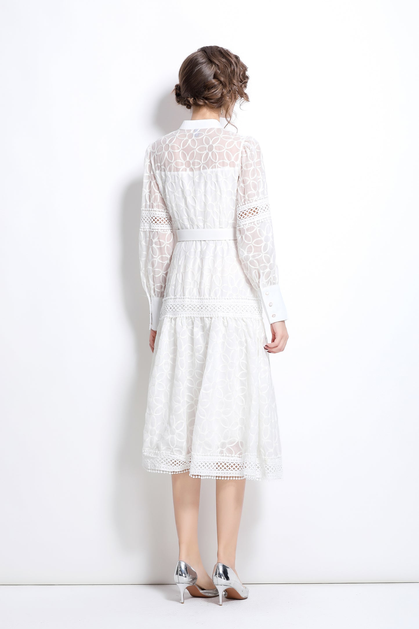 Lantern Sleeves Embroidery Button Midi Dress