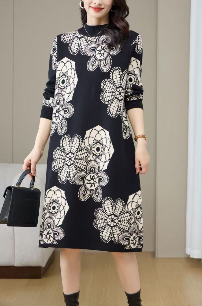 Women's Turtleneck Print Pullover Sweater Midi Dress
