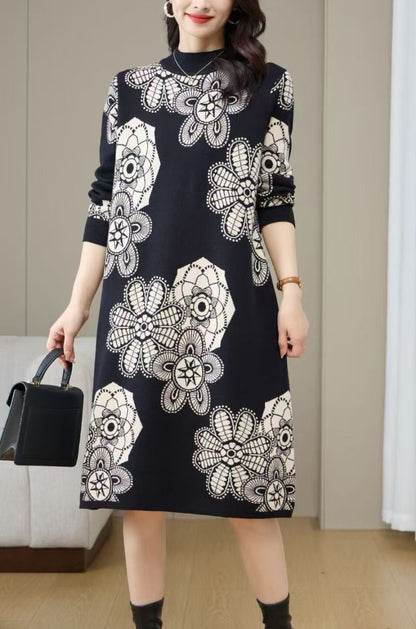 Women's Turtleneck Print Pullover Sweater Midi Dress