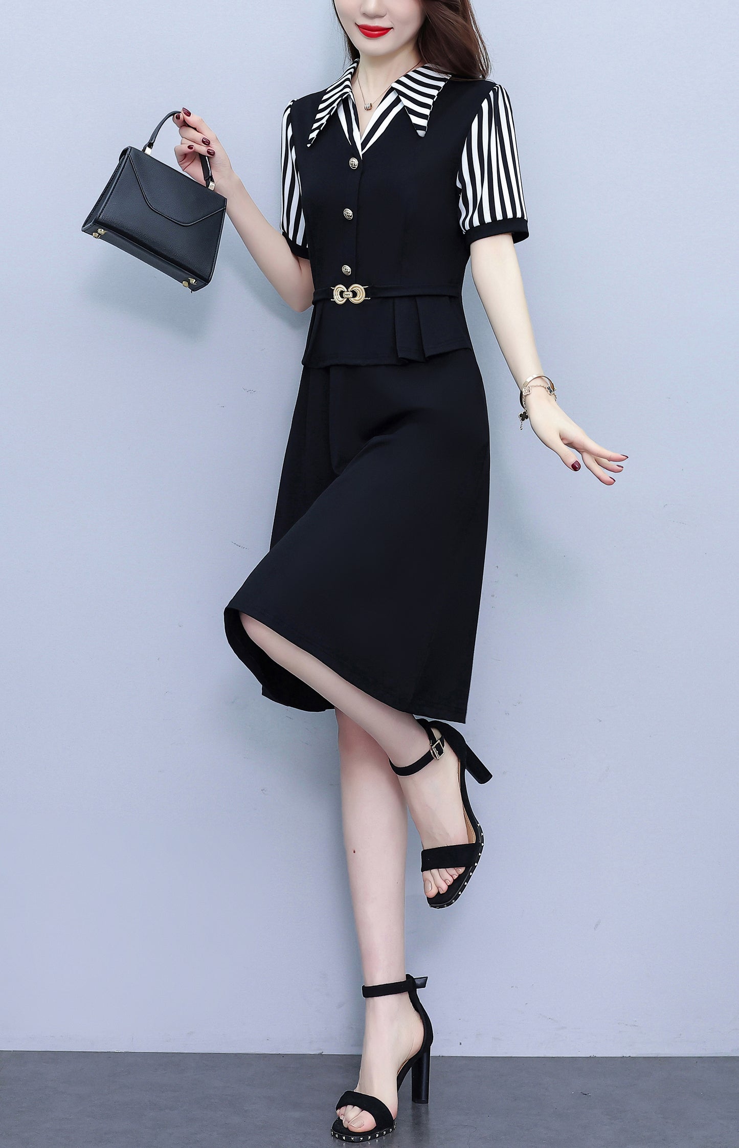 Women's Lapel V-Neck Pocket Short Sleeve Midi Dress - LAI MENG FIVE CATS