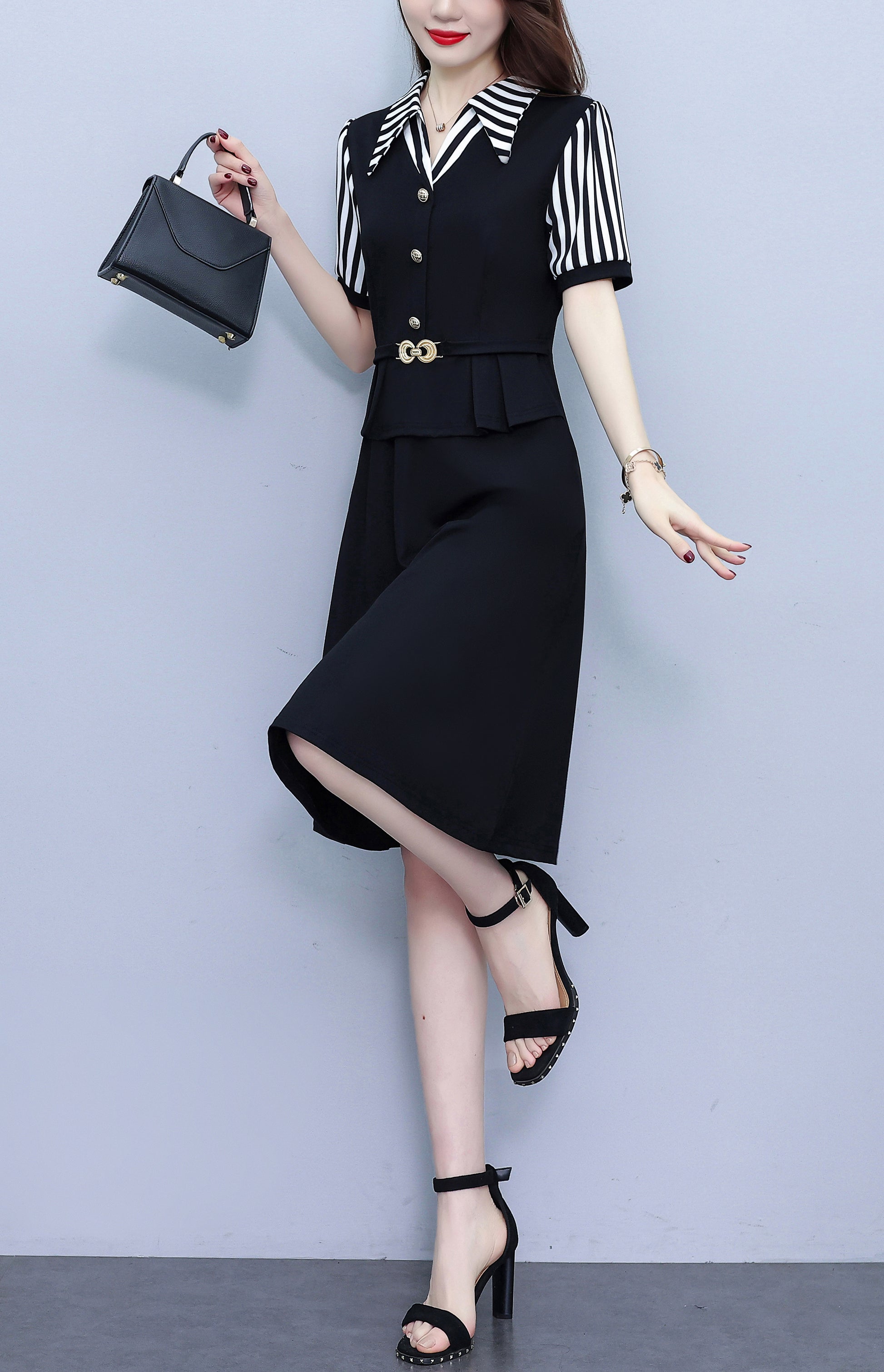 Women's Lapel V-Neck Pocket Short Sleeve Midi Dress - LAI MENG FIVE CATS