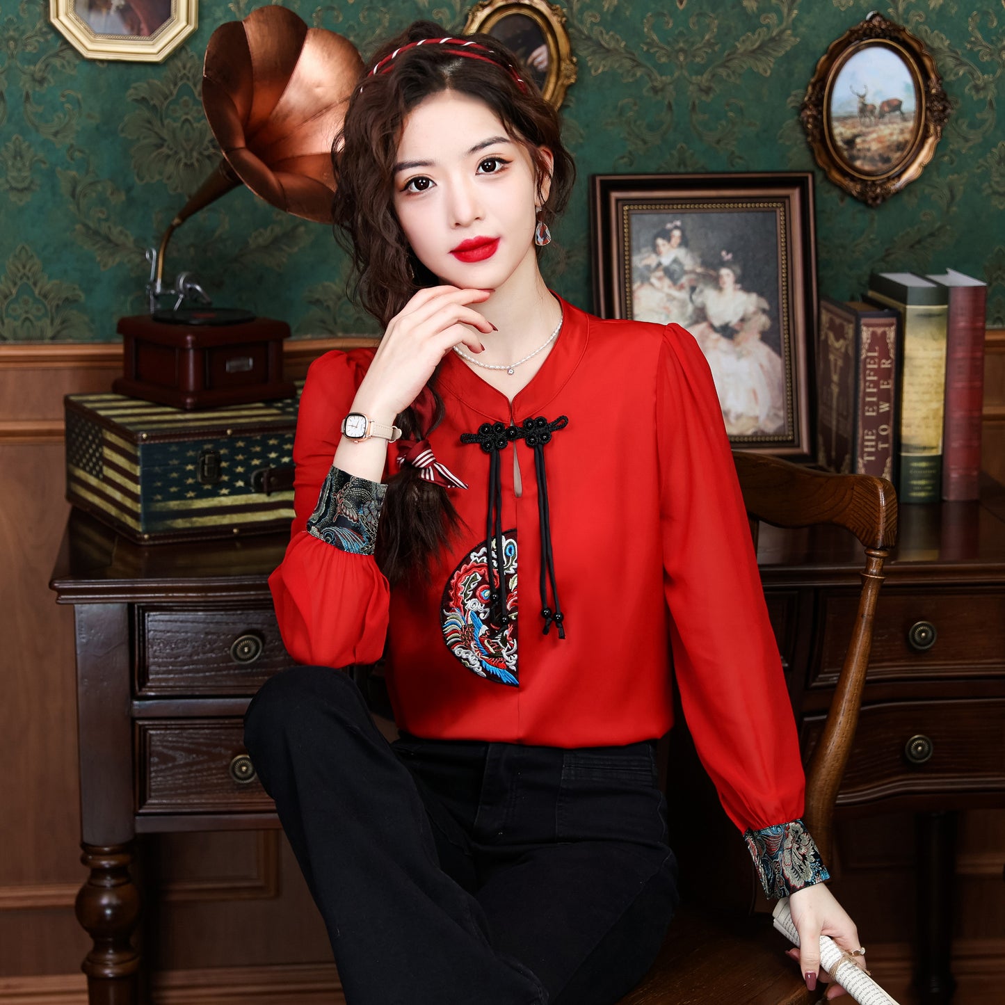 Women's Silk Satin Top Embroidered  Jacquard Shirt