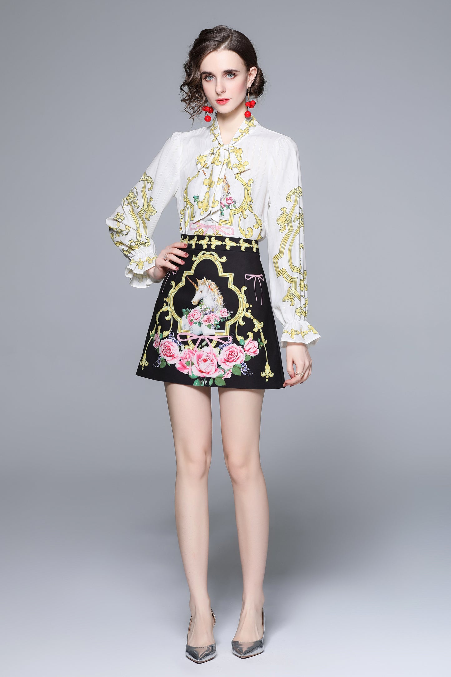 SSY-Women's 2 Piece Skirt Set Floral Tie V-neck Mini Dress