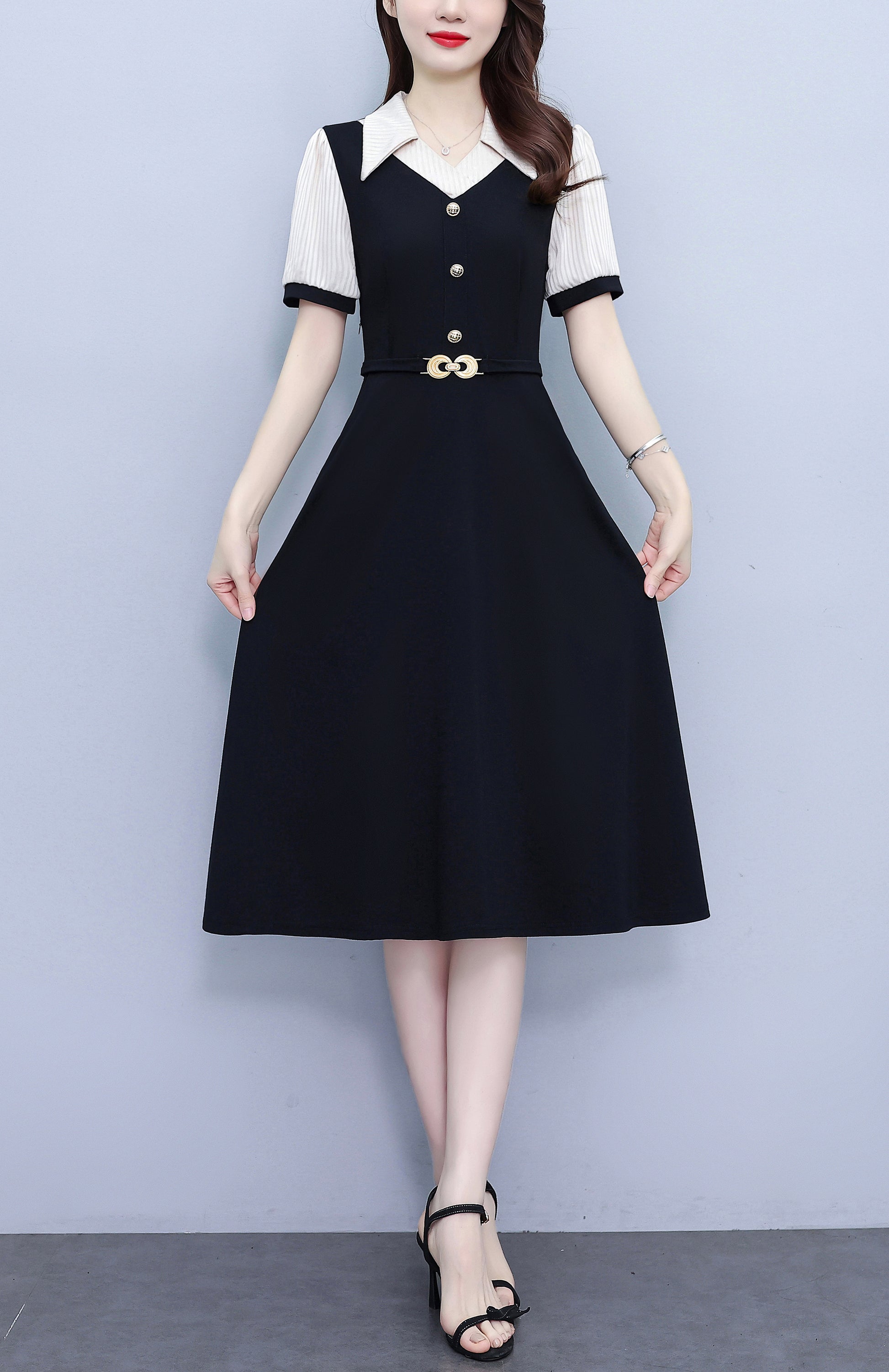Women's Lapel V-Neck Pocket Short Sleeve Midi Dress - LAI MENG FIVE CATS