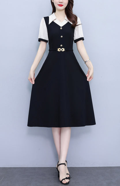 Women's Lapel V-Neck Pocket Short Sleeve Midi Dress - LAI MENG FIVE CATS