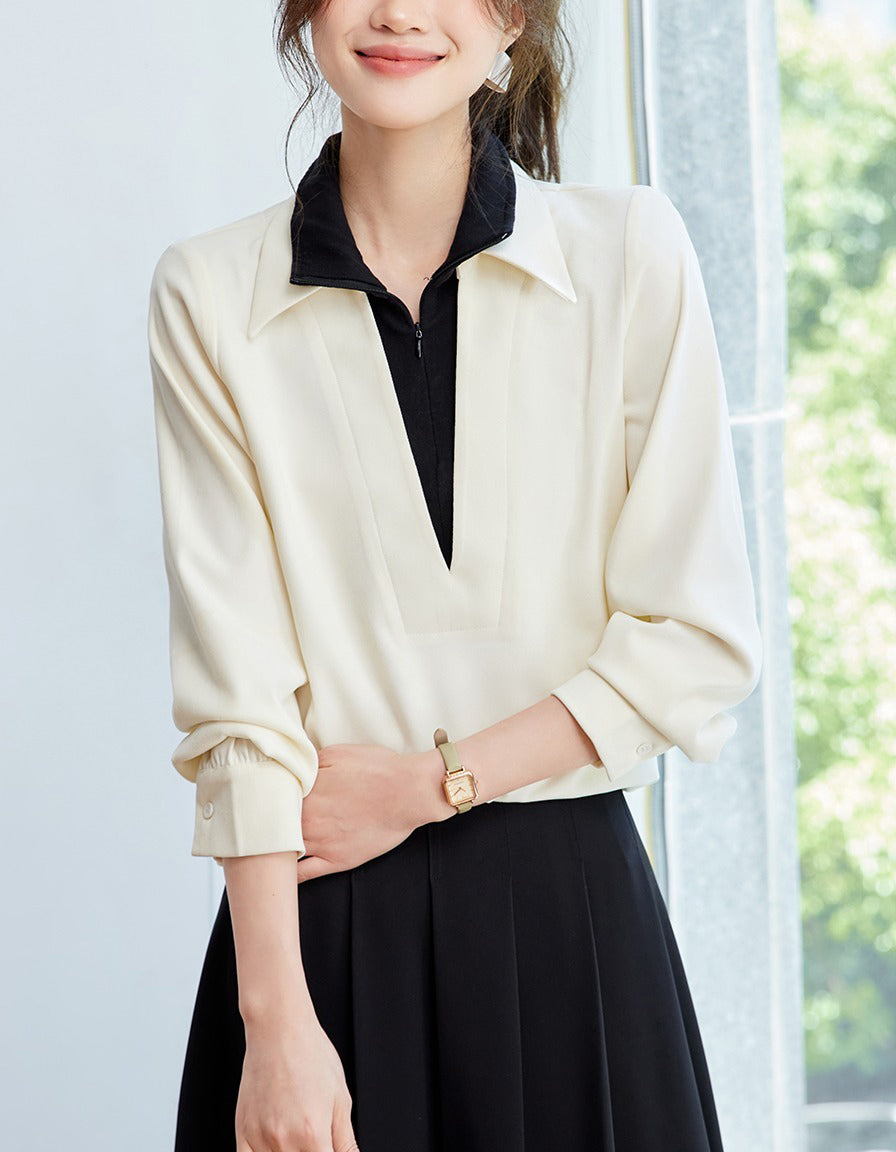 Color Block V-Neck Blouse - Contrast Half-Zip Lapel Collar Elegant Top