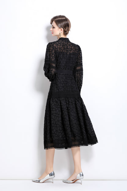 Lantern Sleeves Embroidery Button Midi Dress