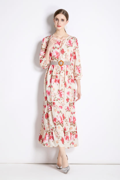 SSY-Women's Cutout Neck Floral Print 3/4 Sleeve Maxi Dress