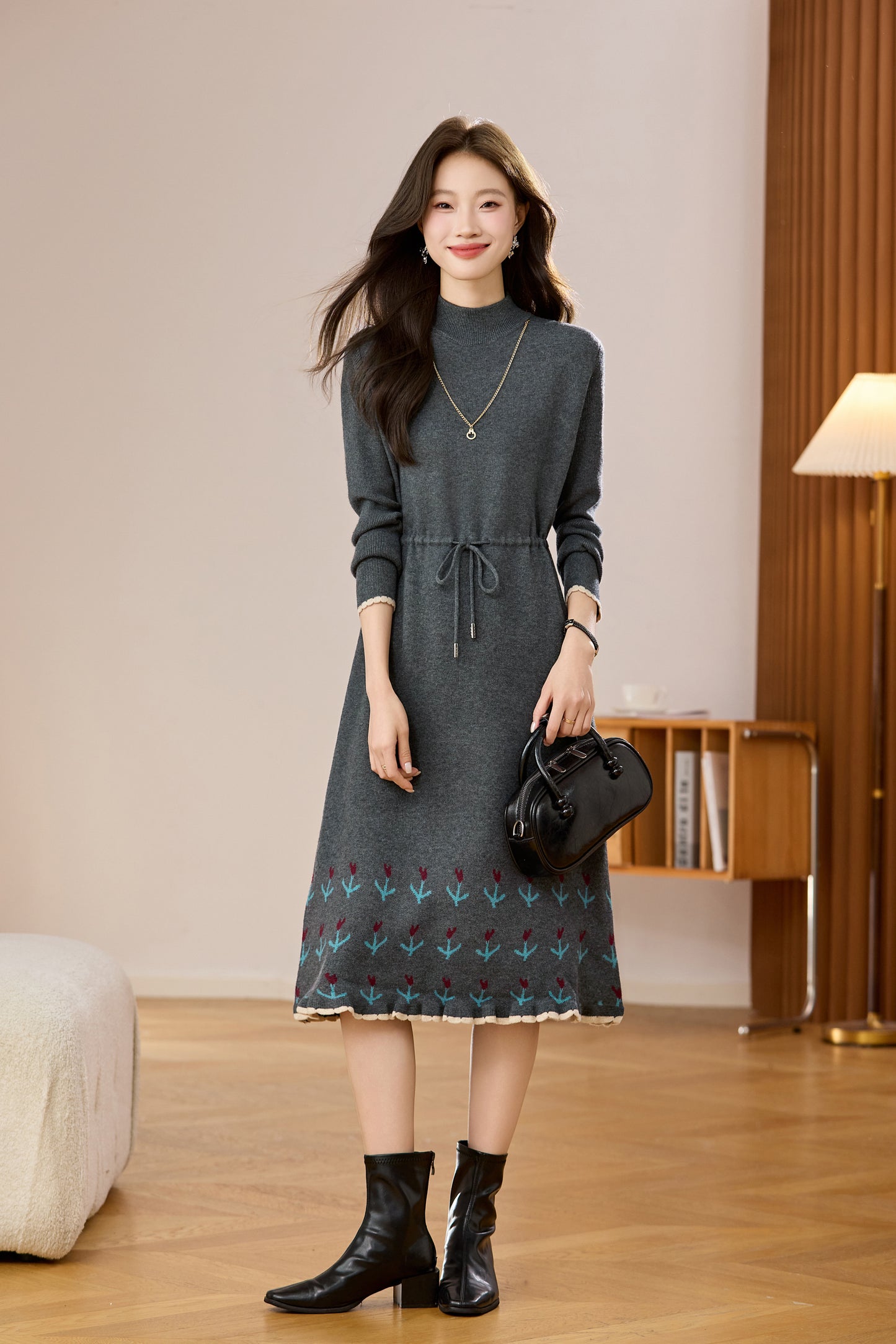 Women's Wool Sweater Drawstring Waist Print Knit Midi Dress