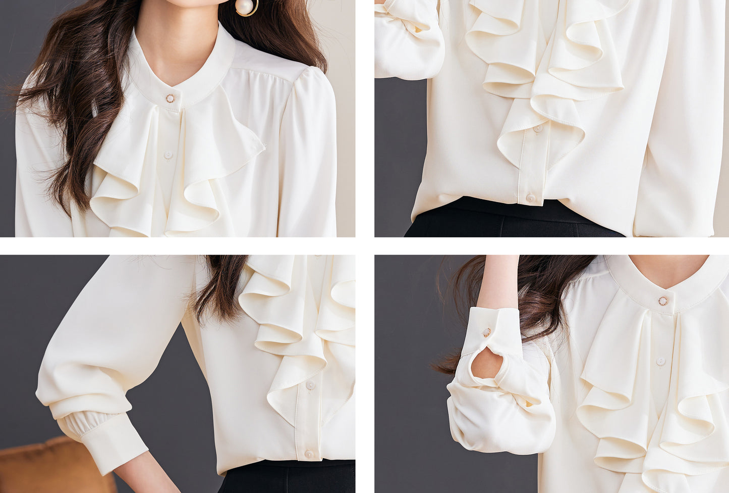 Title: Elegant Ruffle Front Blouse | Feminine Stand Collar Shirt