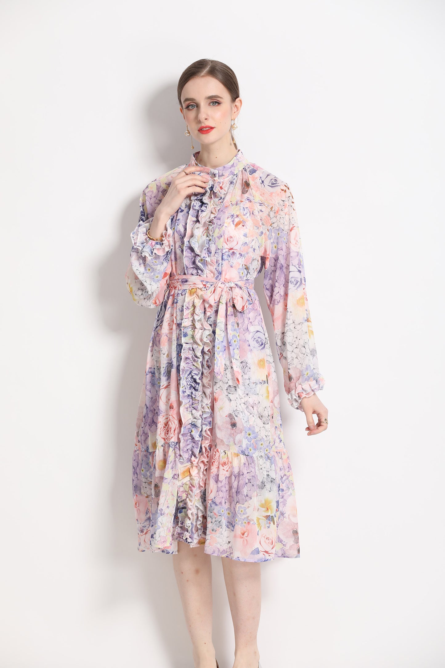FSY-Women's Floral Puff Sleeve Button Loose Ruffle Midi Dress