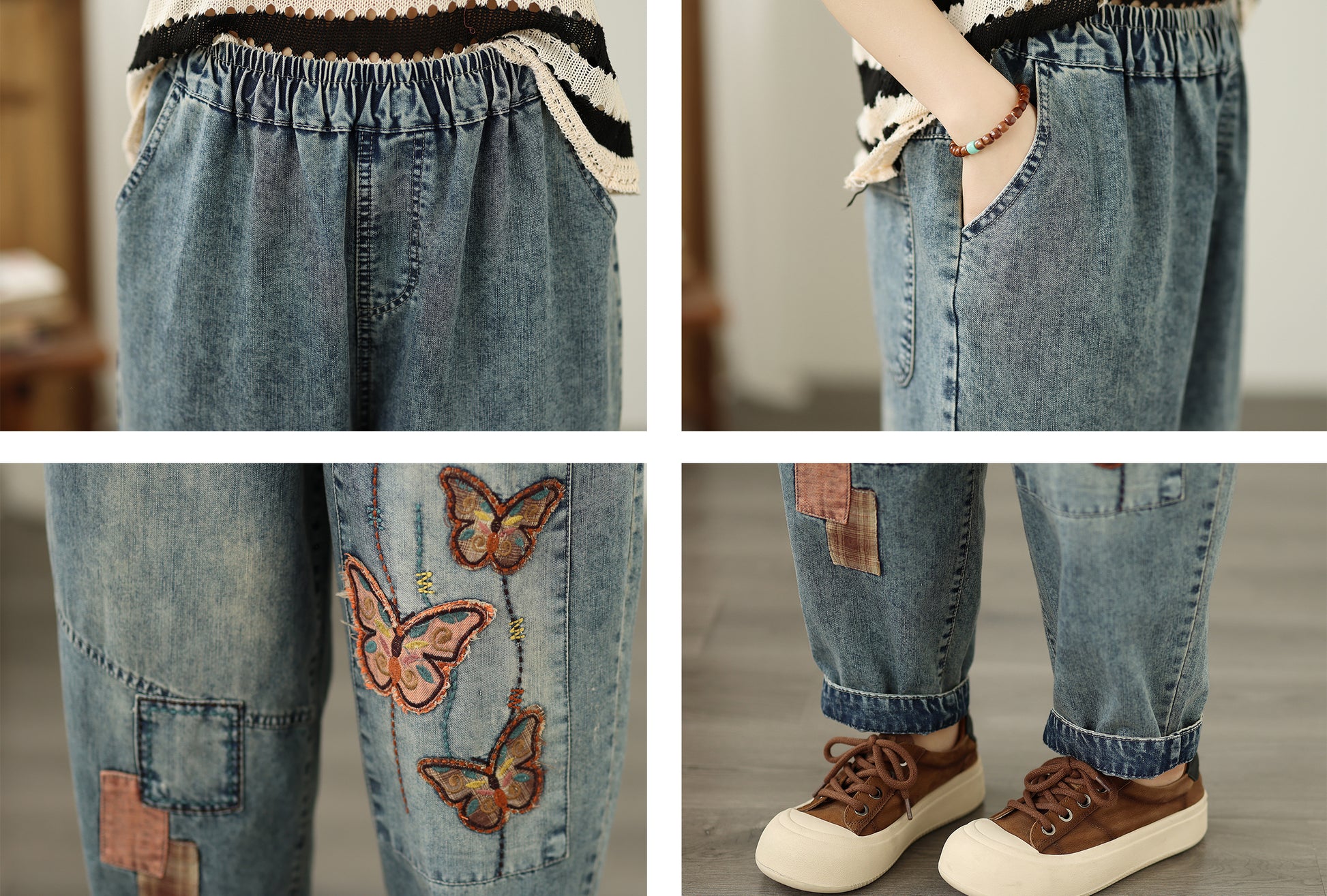 Women's Casual Denim Harem Jeans Elastic Waist Loose Pants - LAI MENG FIVE CATS
