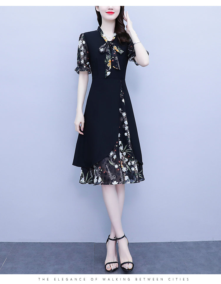 Women's Tie V-Neck Short Sleeve A-line Midi Dress